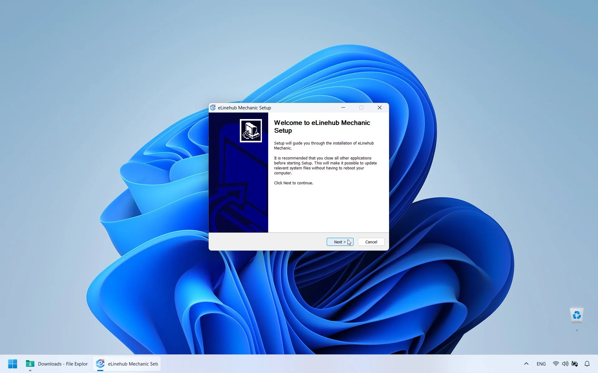 eLinehub Mechanic software installation setup wizard window on a Windows desktop.