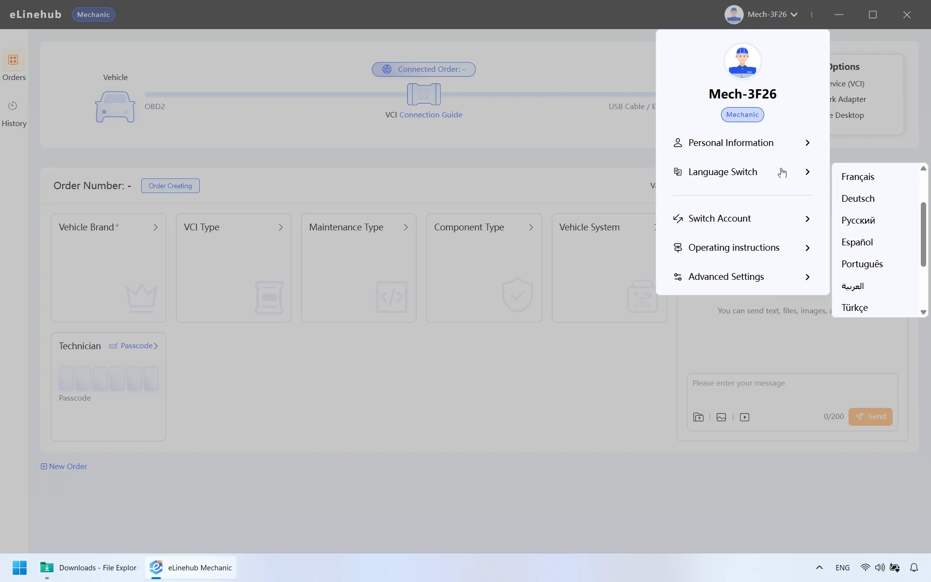 eLinehub Mechanic software interface showing the user profile menu and the language switch dropdown.