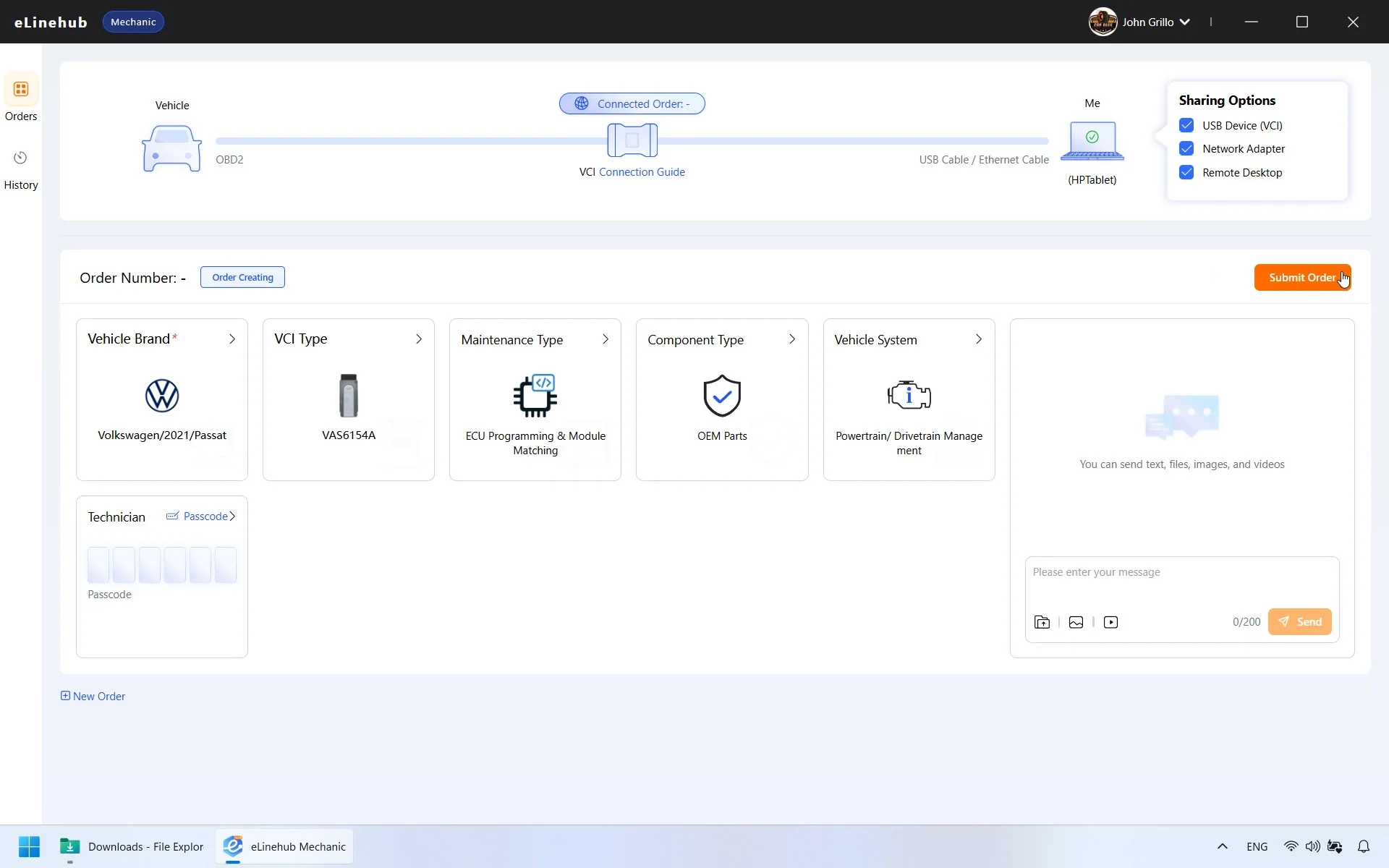 eLinehub Mechanic dashboard showing the order creation form with vehicle make, year, and model filled in.