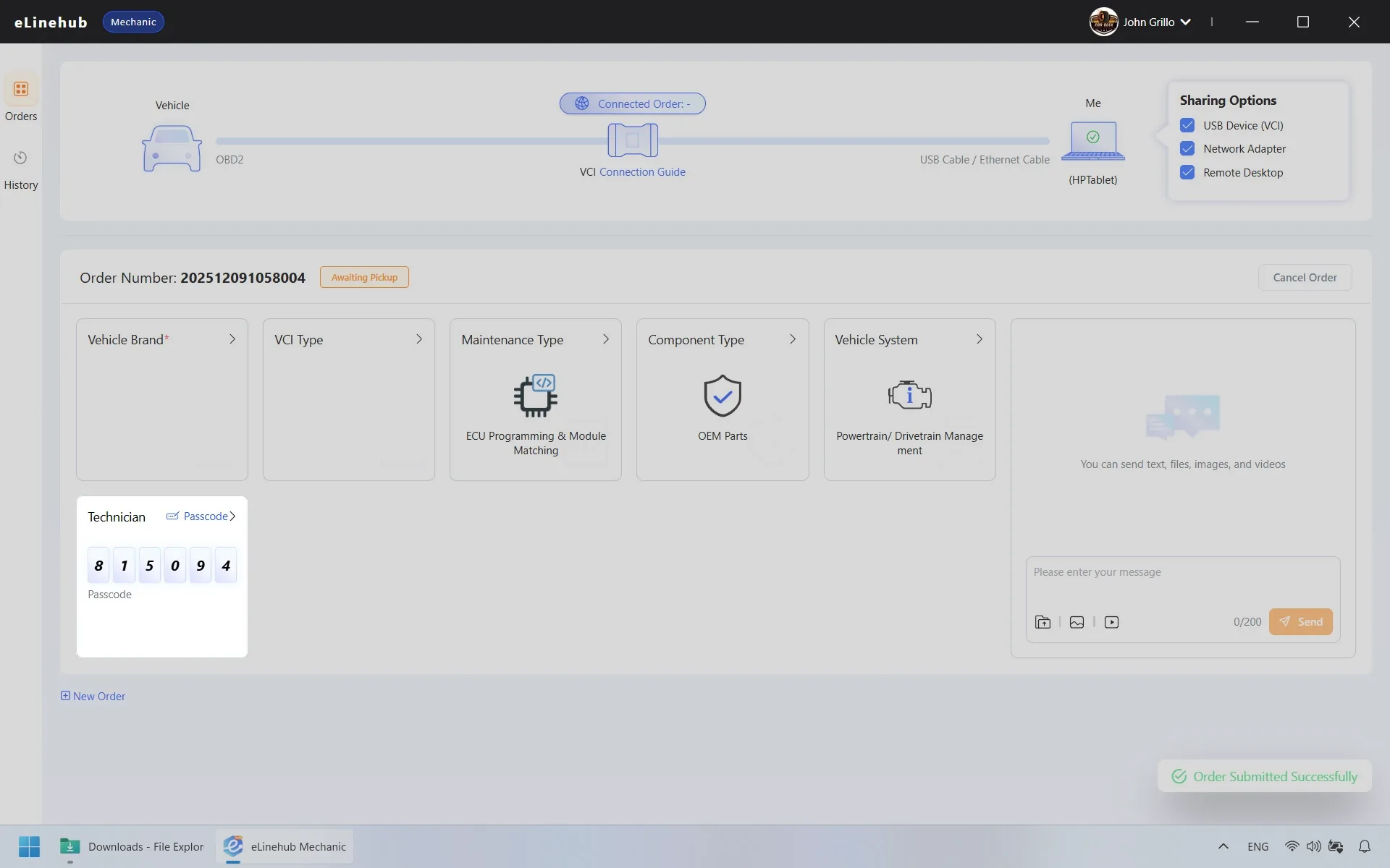 eLinehub Mechanic interface displaying a generated Passcode for sharing with a remote Technician.