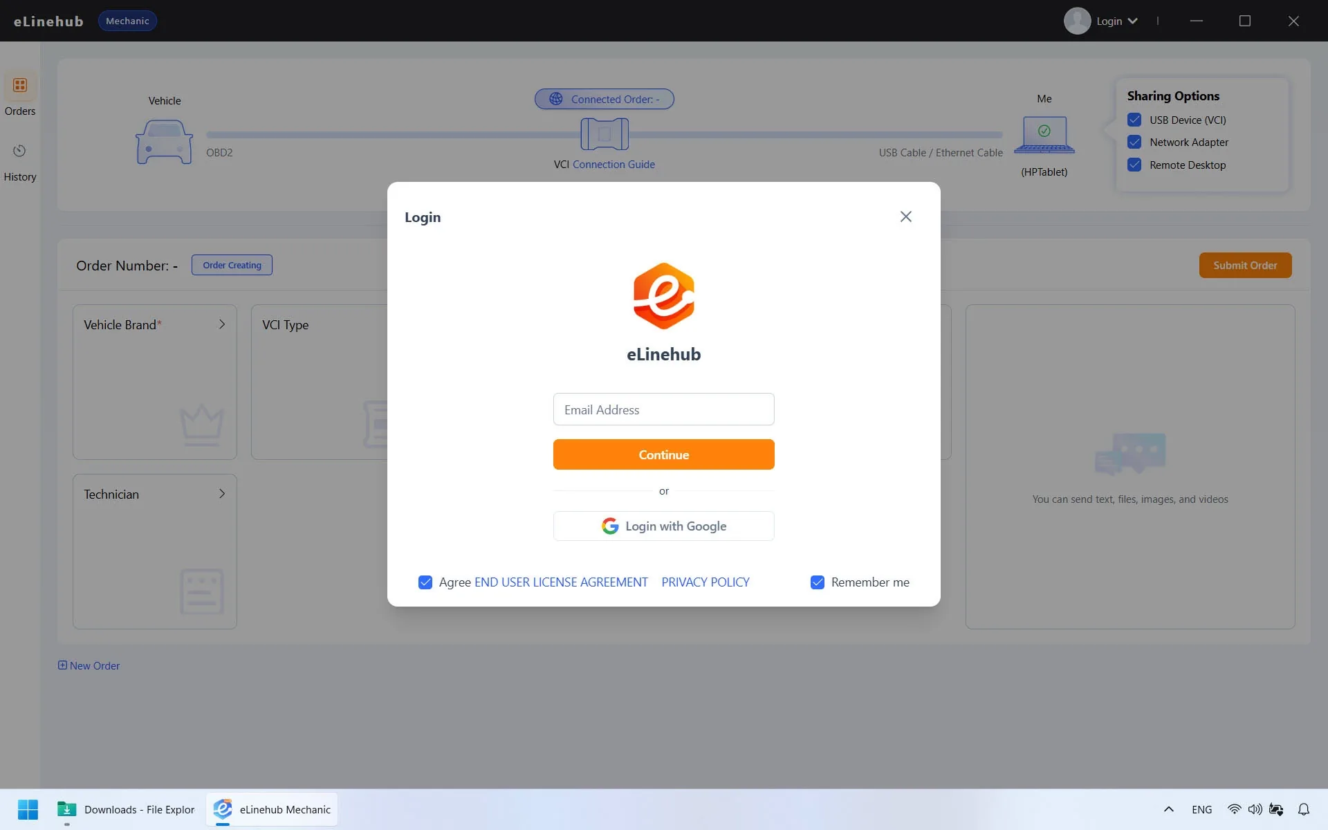 eLinehub Mechanic login and registration popup prompting for an email address and user agreement confirmation.