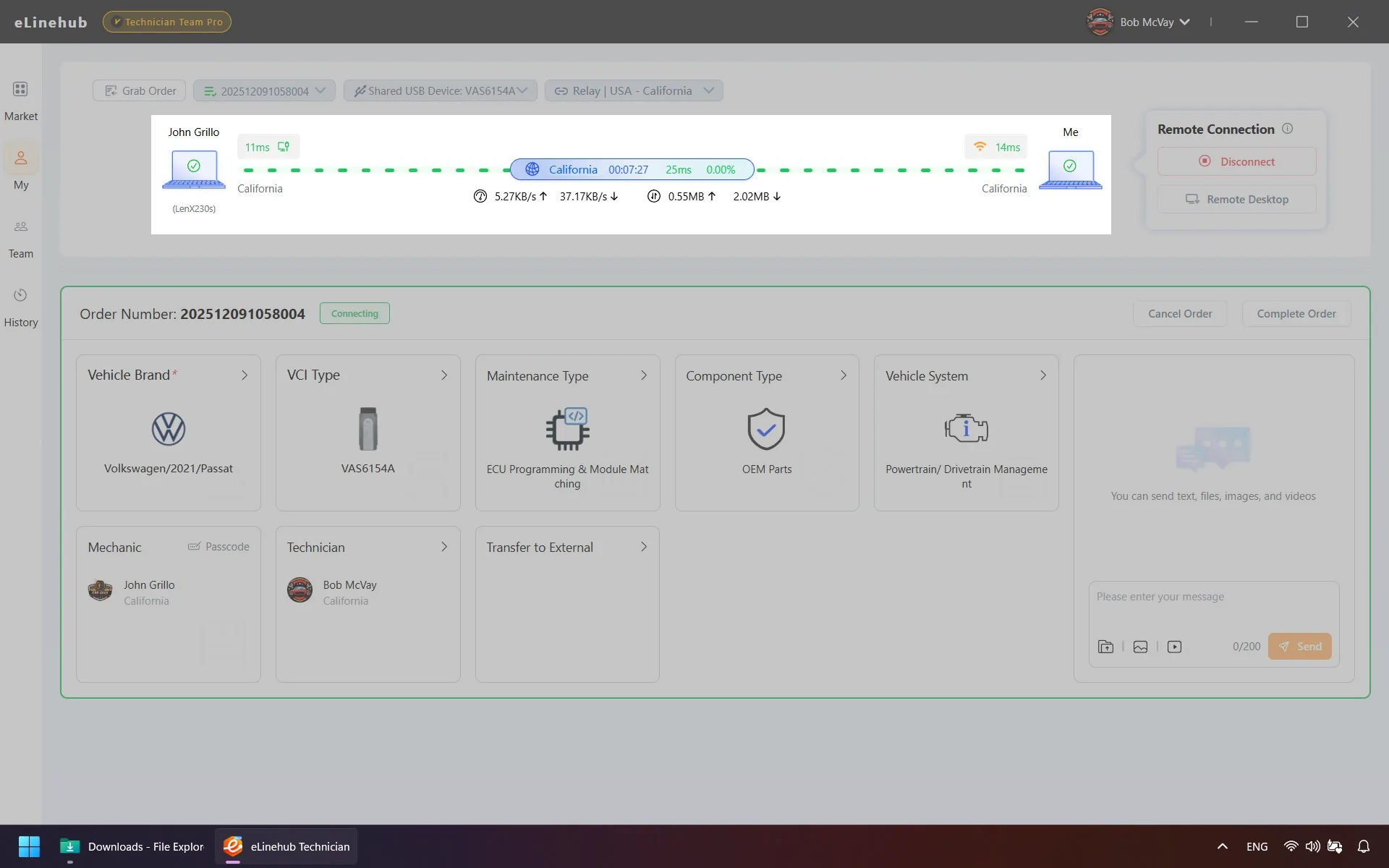 eLinehub Technician software showing an active remote connection with green status lines and the Network Connection Status panel