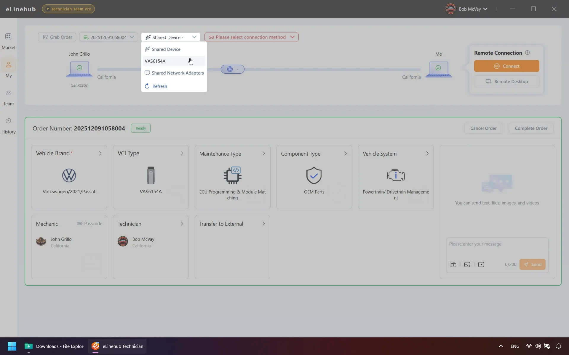 eLinehub Technician interface showing the device selection dropdown listing Mechanic USB, Mechanic Network Adapter, and No Device options