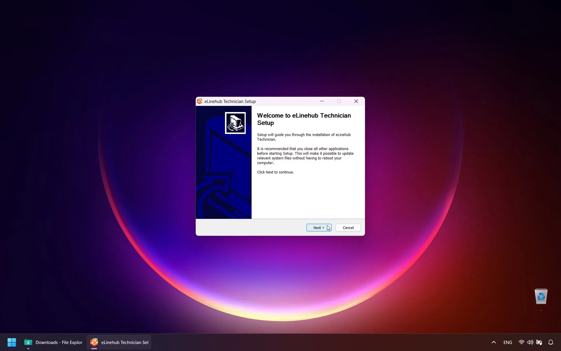 eLinehub Technician software installation setup wizard on a Windows desktop
