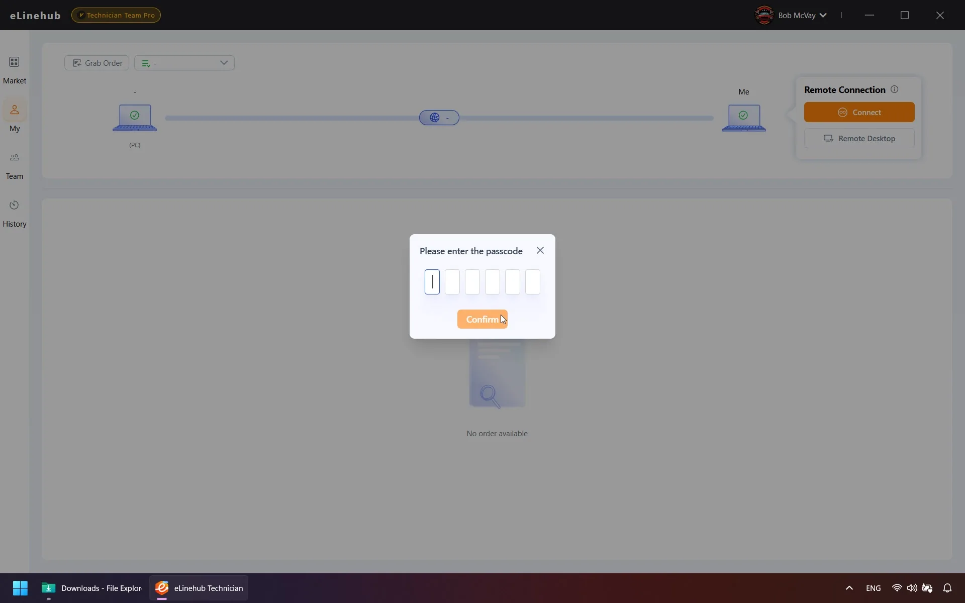 eLinehub Technician dashboard showing the Passcode entry popup after clicking Grab Order