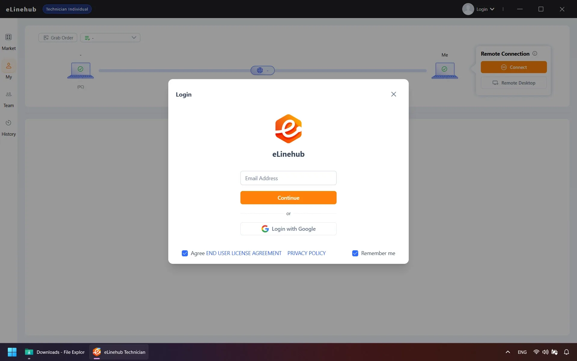 eLinehub Technician login and registration window prompting for an email address