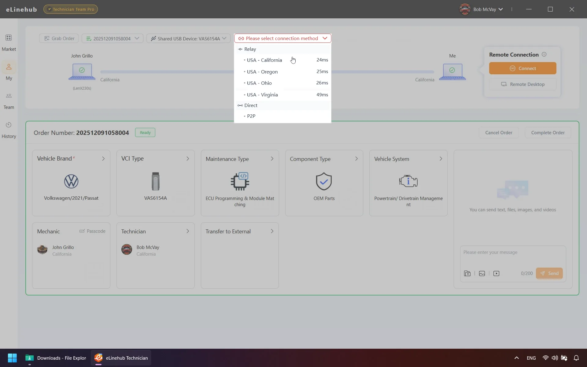 eLinehub Technician connection panel showing Relay server list and Direct P2P option