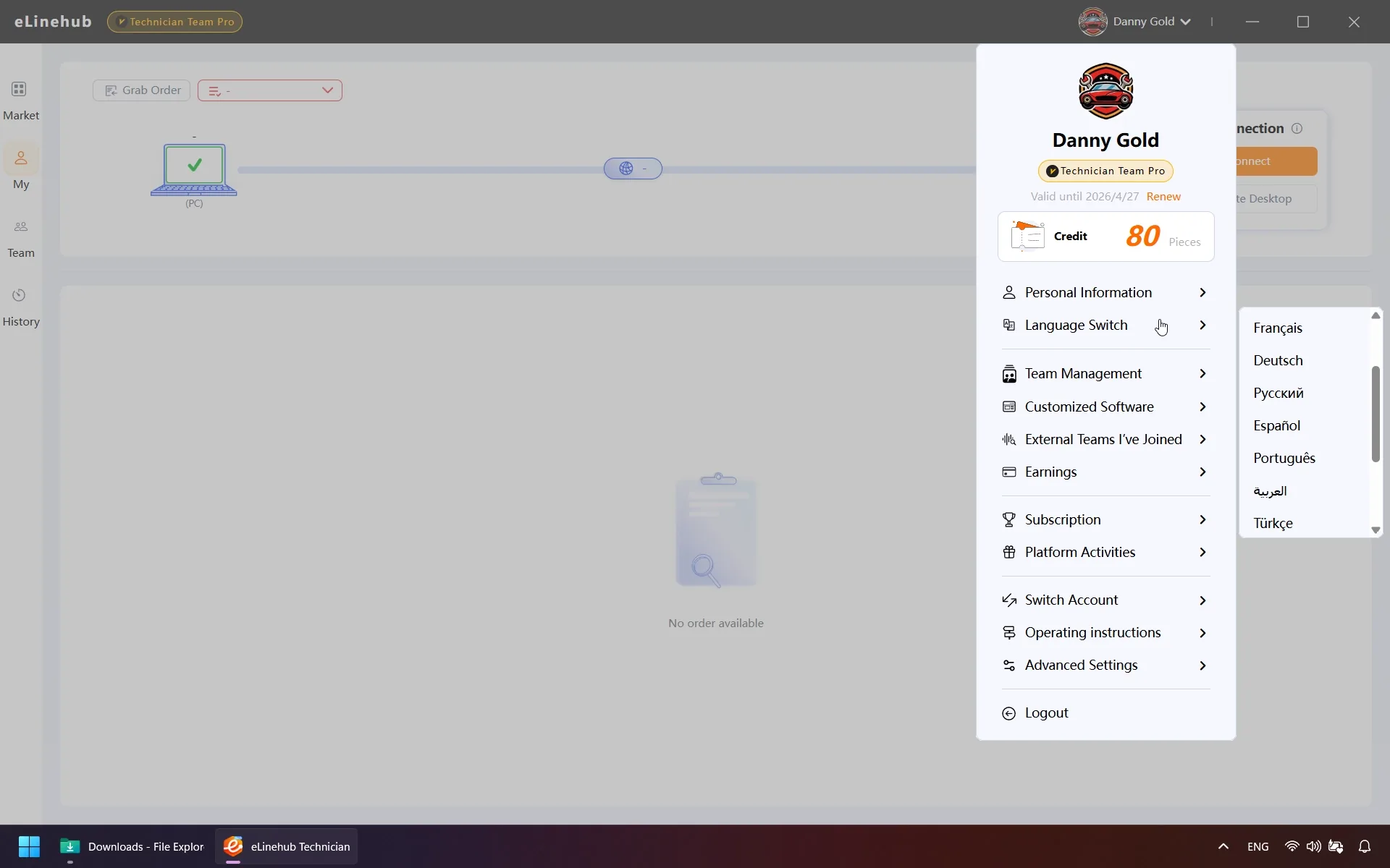 eLinehub Technician software Settings menu showing the language selection dropdown