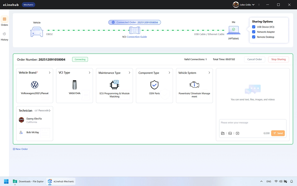 eLinehub Mechanic — Active session view with order card and VCI-to-PC link highlighted in green