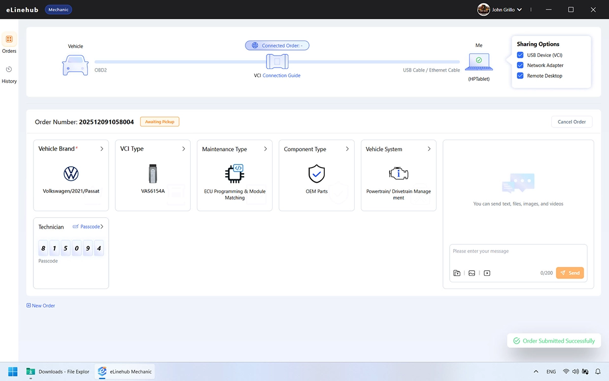 eLinehub Mechanic — Order Created screen showing the Passcode that the Mechanic shares with the remote Technician