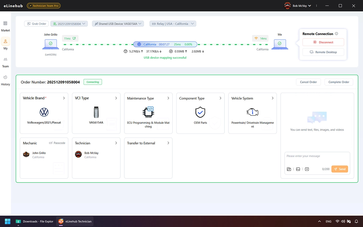 eLinehub Technician — Remote Connection Status panel showing live latency, bandwidth and packet-per-second metrics during an active VCI session