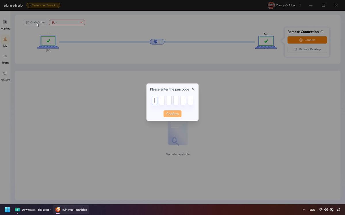 eLinehub Technician — Grab Order screen showing the Passcode entry field for claiming a remote diagnostic session